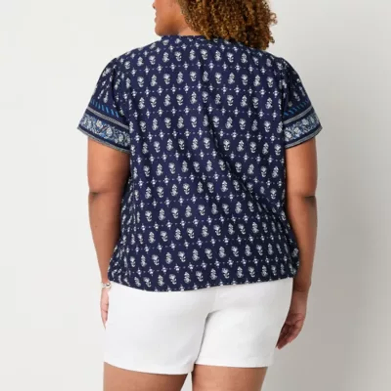 St. John's Bay Womens Plus Split Tie Neck Short Sleeve Blouse