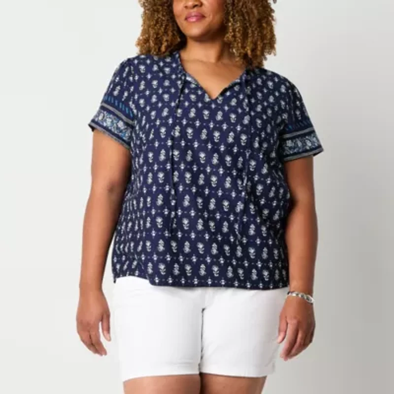 St. John's Bay Womens Plus Split Tie Neck Short Sleeve Blouse