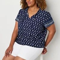 St. John's Bay Womens Plus Split Tie Neck Short Sleeve Blouse