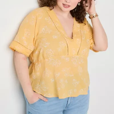 a.n.a Ladder Trim Womens V Neck Short Sleeve Plus Blouse