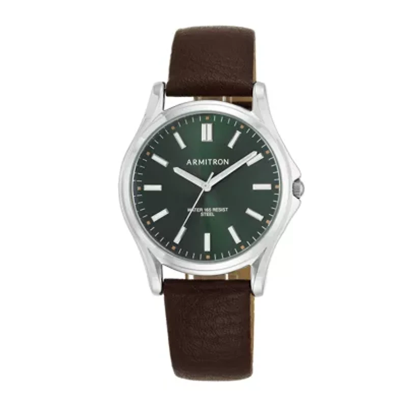 Armitron® Men's 5138 Green Dial Silver-Tone Bezel Leather Strap Watch