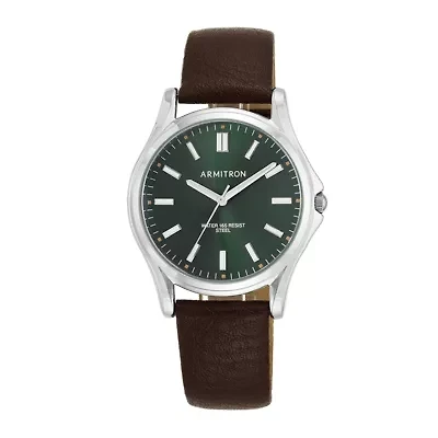 Armitron® Men's 5138 Green Dial Silver-Tone Bezel Leather Strap Watch