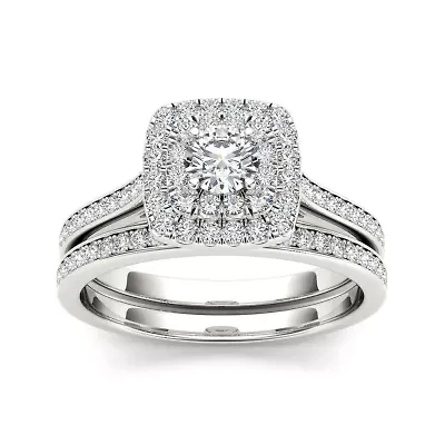 3/4 CT.T.W. Natural Diamond Halo 10K White Gold Bridal Ring Set