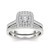 3/4 CT.T.W. Natural Diamond Halo 10K White Gold Bridal Ring Set