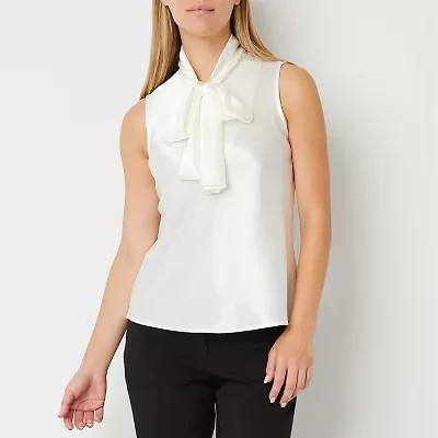 Black Label by Evan-Picone Womens Split Tie Neck Sleeveless Petite Blouse