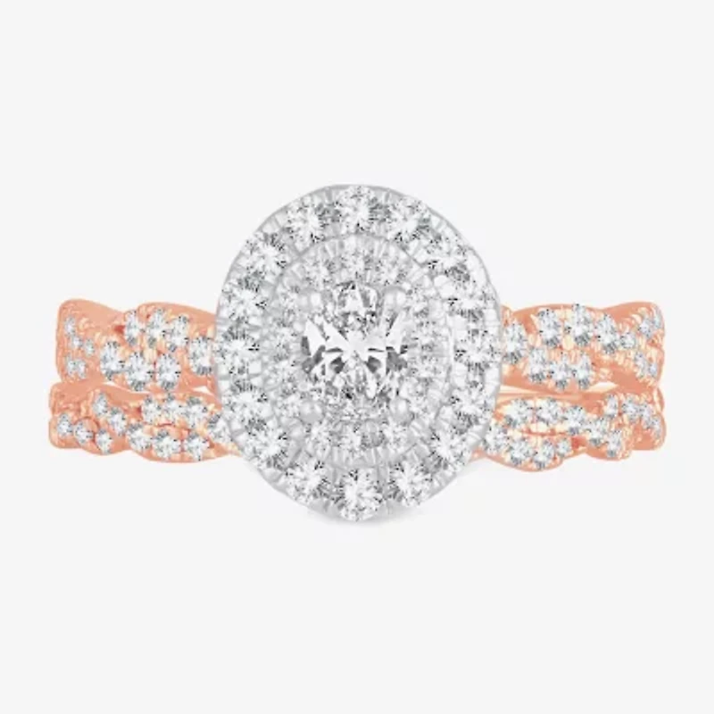Signature By Modern Bride Womens 1 CT.T.W. Natural Diamond 10K or 14K Gold Oval Side Stone Halo Bridal Set
