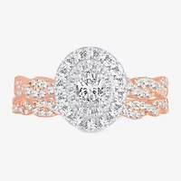 Signature By Modern Bride Womens 1 CT.T.W. Natural Diamond 10K or 14K Gold Oval Side Stone Halo Bridal Set