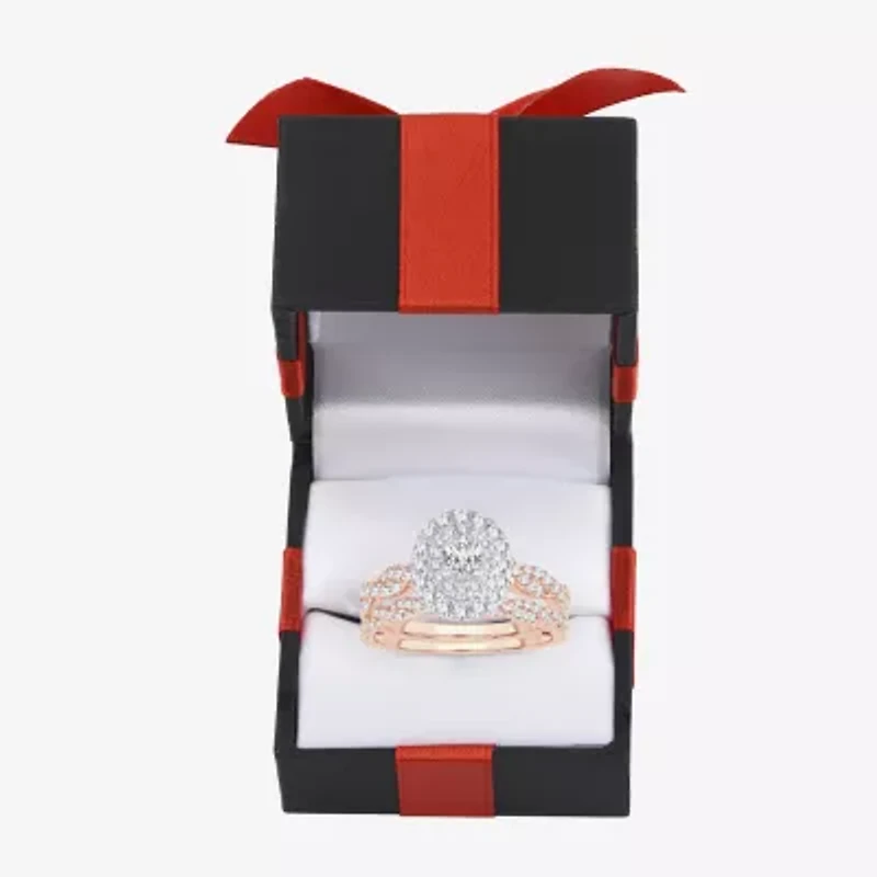 Signature By Modern Bride Womens 1 CT.T.W. Natural Diamond 10K or 14K Gold Oval Side Stone Halo Bridal Set