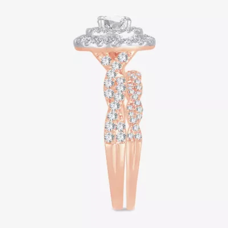 Signature By Modern Bride Womens 1 CT.T.W. Natural Diamond 10K or 14K Gold Oval Side Stone Halo Bridal Set