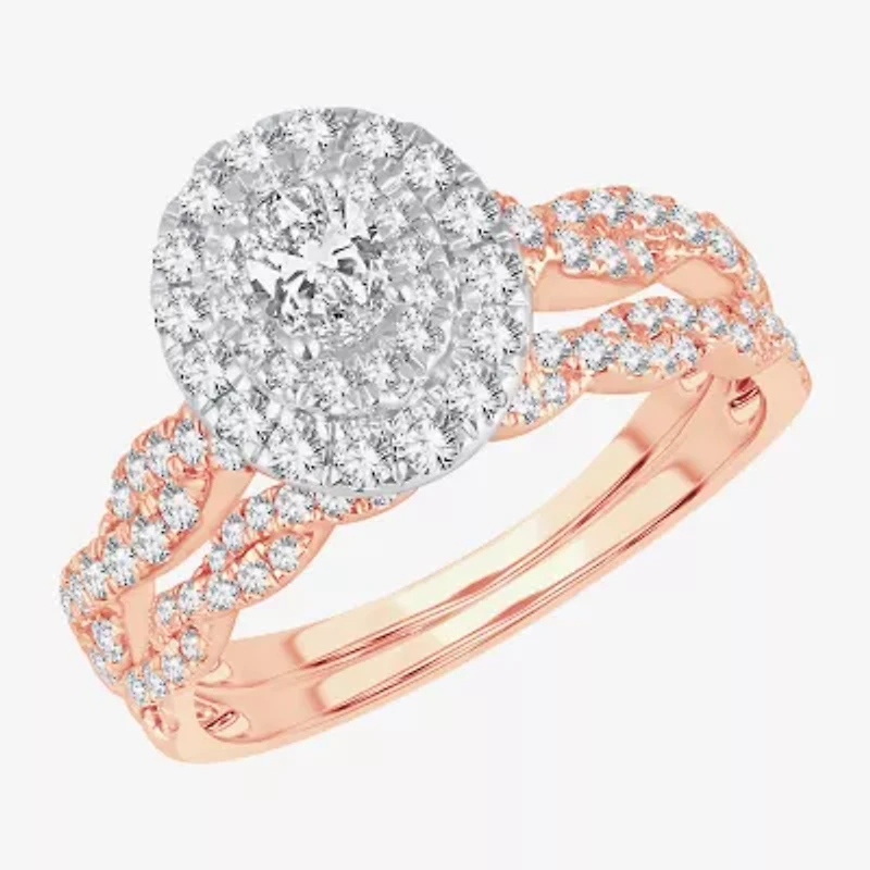 Signature By Modern Bride Womens 1 CT.T.W. Natural Diamond 10K or 14K Gold Oval Side Stone Halo Bridal Set