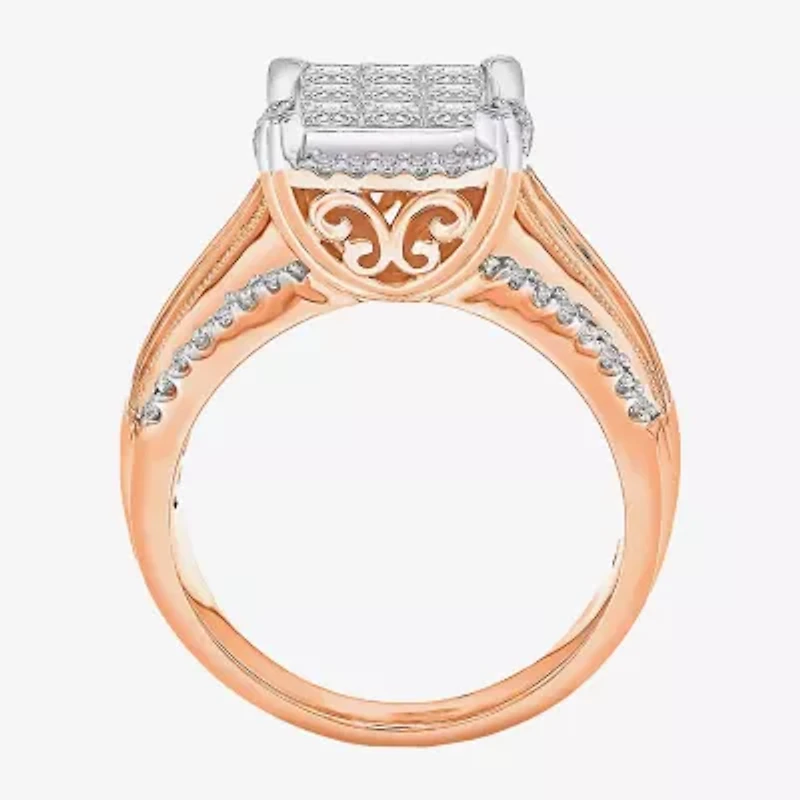 Womens 1 CT. T.W. Natural White Diamond 10K Rose Gold Cushion Halo Engagement Ring