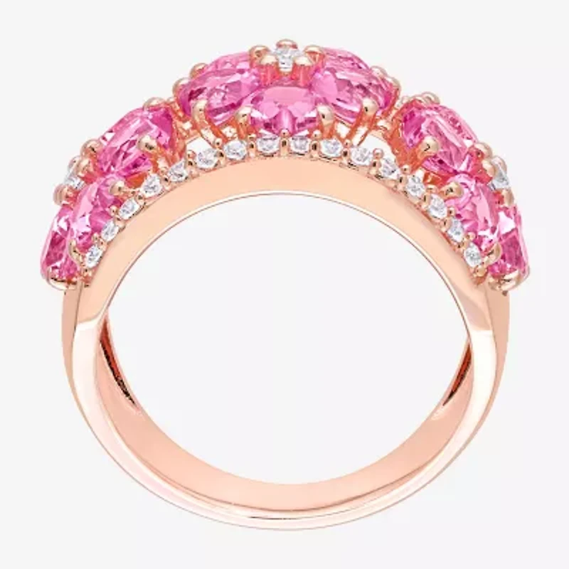 Womens Lab Created Pink Sapphire 18K Rose Gold Over Silver Heart Cocktail Ring