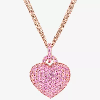 Womens Lab Created Pink Sapphire 18K Rose Gold Over Silver Heart 17 Inch Pendant Necklace