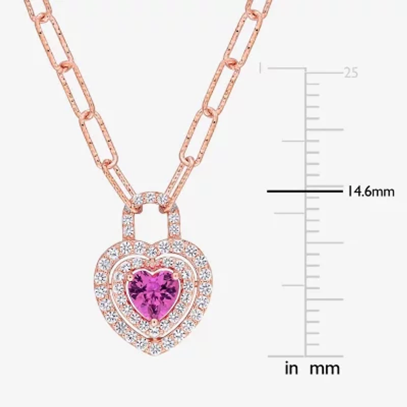 Womens Lab Created Pink Sapphire 18K Rose Gold Over Silver Heart 16 Inch Pendant Necklace