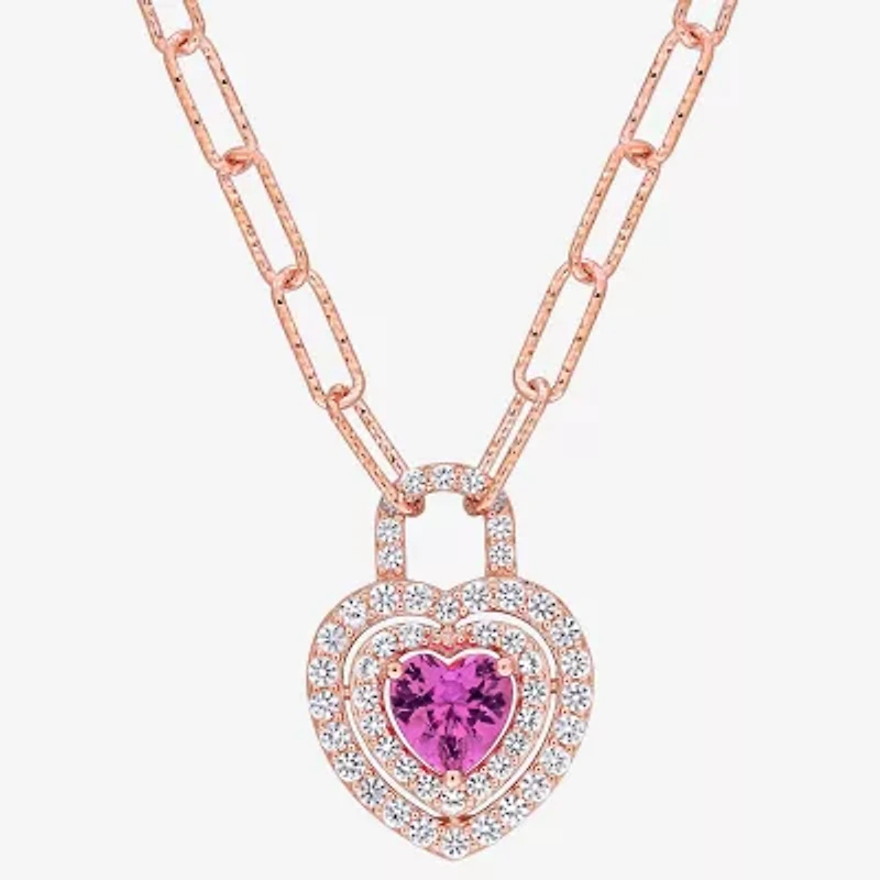 Womens Lab Created Pink Sapphire 18K Rose Gold Over Silver Heart 16 Inch Pendant Necklace