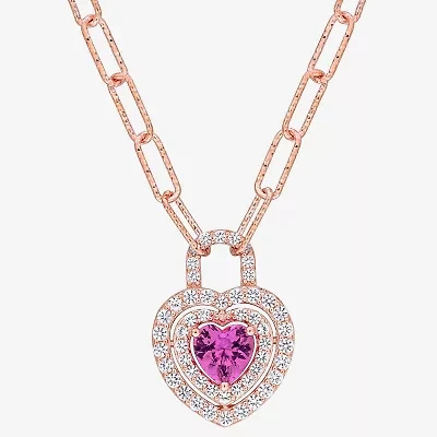 Womens Lab Created Pink Sapphire 18K Rose Gold Over Silver Heart 16 Inch Pendant Necklace