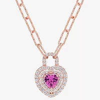 Womens Lab Created Pink Sapphire 18K Rose Gold Over Silver Heart 16 Inch Pendant Necklace