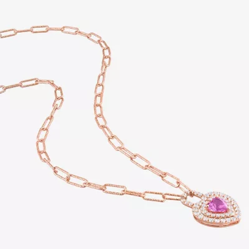 Womens Lab Created Pink Sapphire 18K Rose Gold Over Silver Heart 16 Inch Pendant Necklace