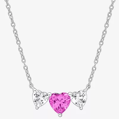 Womens Lab Created Pink Sapphire Sterling Silver Heart 17 Inch Pendant Necklace