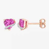 Diamond Accent Lab Created Pink Sapphire 18K Rose Gold Over Silver 6.8mm Heart Stud Earrings