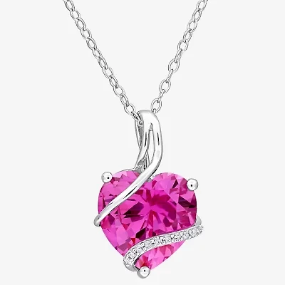 Womens Diamond Accent Lab Created Pink Sapphire Sterling Silver Heart 18 Inch Pendant Necklace