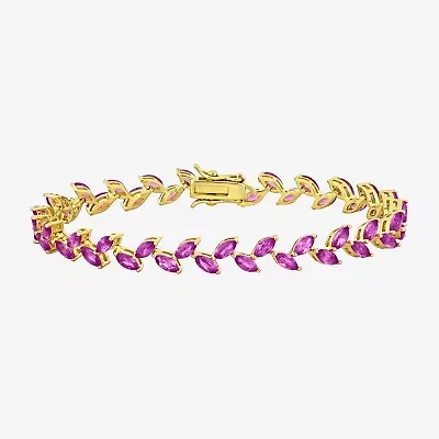 Womens Lab Created Pink Sapphire 18K Gold Over Silver 7.25 Inch Tennis Bracelet