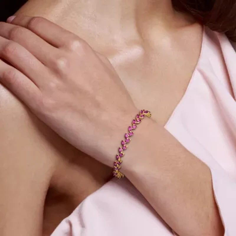 Womens Lab Created Pink Sapphire 18K Gold Over Silver 7.25 Inch Tennis Bracelet