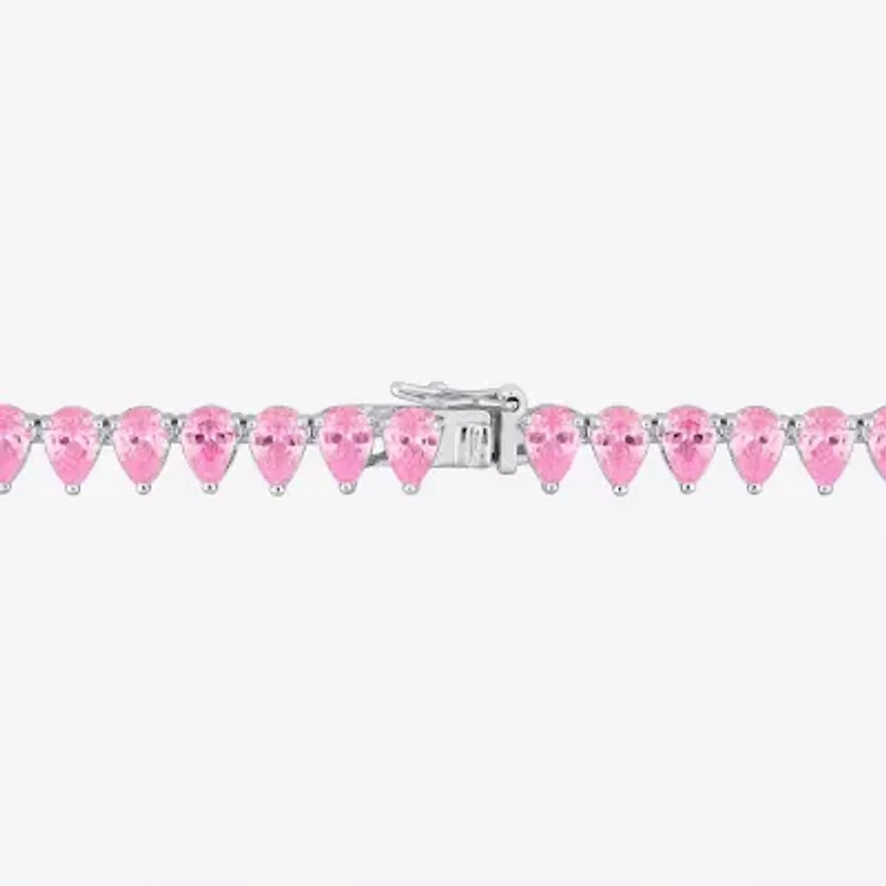 Womens Pink Sapphire Sterling Silver 18 Inch Tennis Necklace