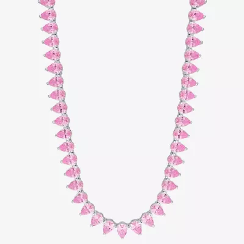 Womens Pink Sapphire Sterling Silver 18 Inch Tennis Necklace