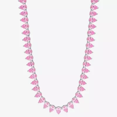 Womens Pink Sapphire Sterling Silver 18 Inch Tennis Necklace