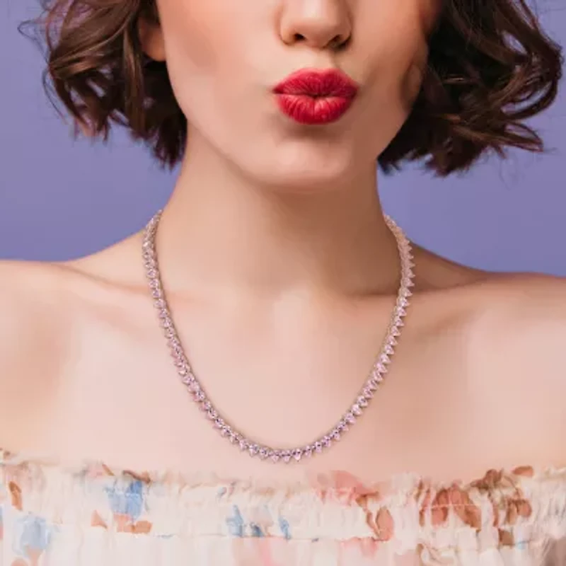 Womens Pink Sapphire Sterling Silver 18 Inch Tennis Necklace