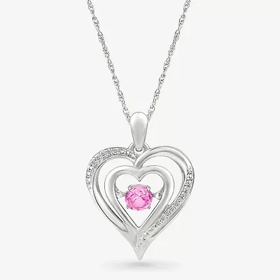 Womens Diamond Accent Lab Created Pink Sapphire Sterling Silver Heart 18 Inch Pendant Necklace