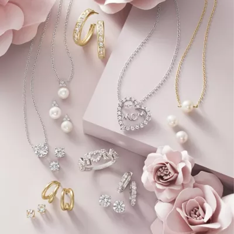 Yes, Please! "Mom" Womens Lab Created White Sapphire Sterling Silver Heart Band