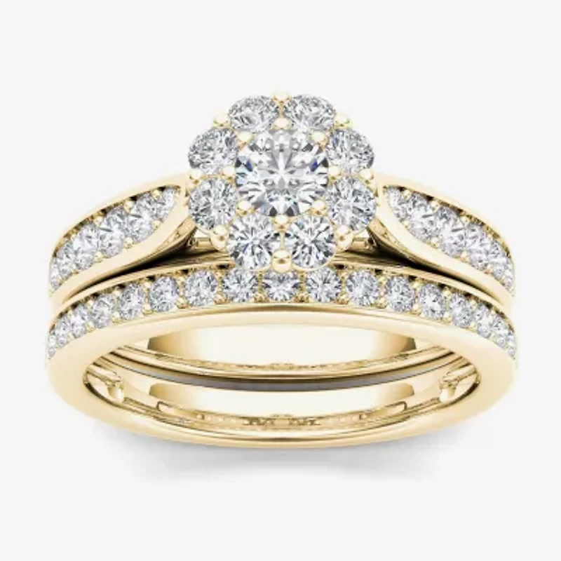 Womens 1 CT. T.W. Natural White Diamond 14K Gold Round Halo Bridal Set