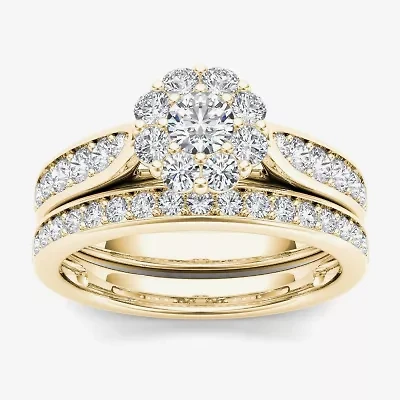 Womens 1 CT. T.W. Natural White Diamond 14K Gold Round Halo Bridal Set
