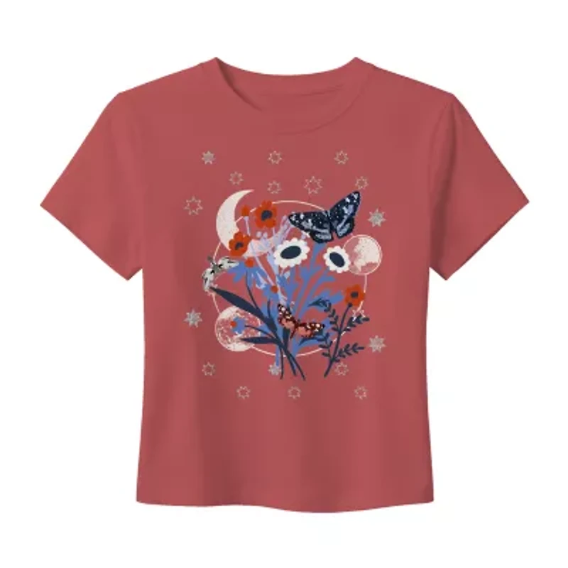 Americana Butterfly Baby Tee Womens Juniors Crew Neck Short Sleeve Fitted Graphic T-Shirt