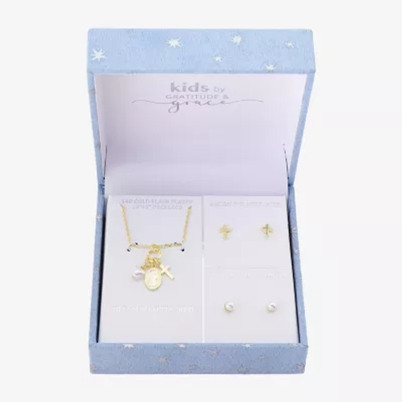 Gratitude & Grace Virgin Mary Charm Girls Cubic Zirconia 14K Gold Over Brass Cross 3-pc. Jewelry Set