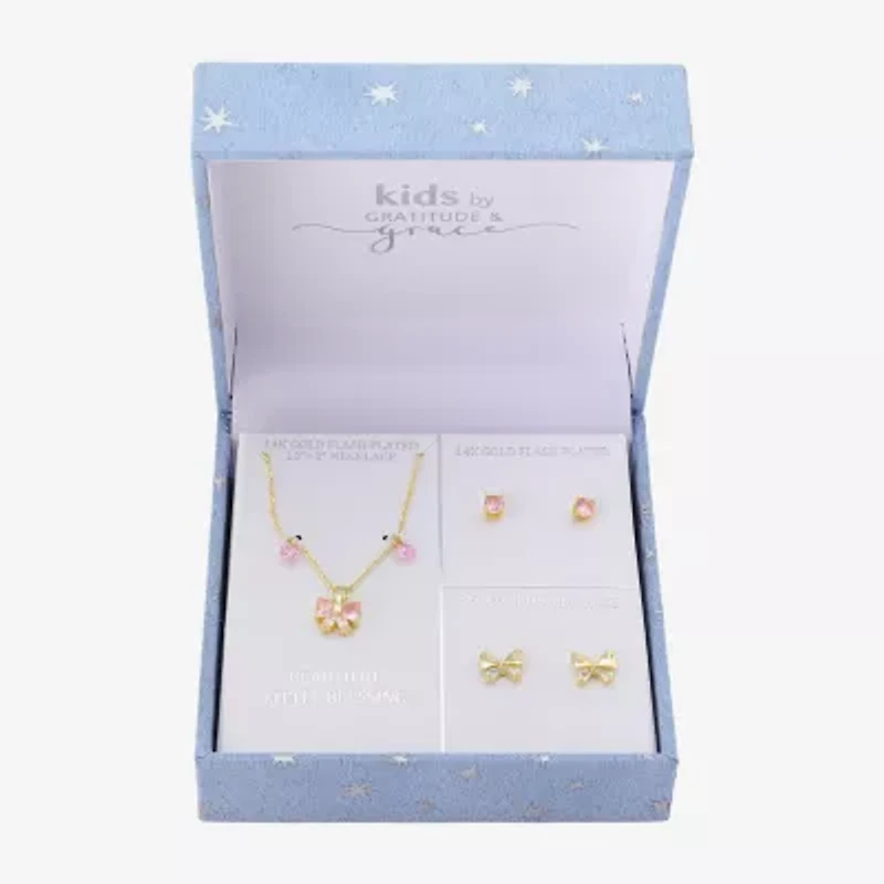 Gratitude & Grace Girls Pink Cubic Zirconia 14K Gold Over Brass Bow 3-pc. Jewelry Set