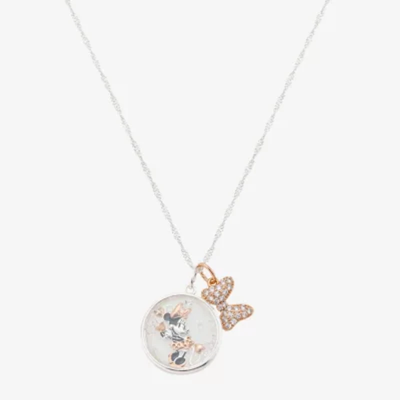 Disney Classics Womens Cubic Zirconia 14k Rose Gold Over Brass Pure Silver Over Brass Bow 16 Inch Pendant Necklace