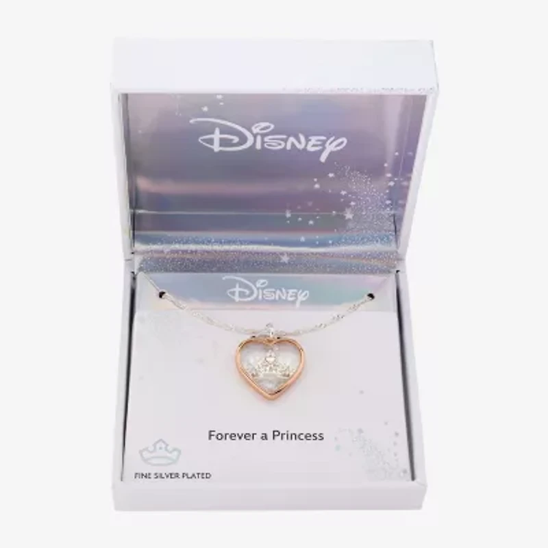Disney Classics Womens Cubic Zirconia 14k Rose Gold Over Brass Pure Silver Over Brass Crown Heart 16 Inch Pendant Necklace