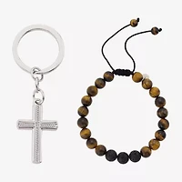 J.P. Army Bolo Beaded Bracelet & Keychain Mens Genuine Brown Tiger's Eye Stainless Steel Cross 2-pc. Jewelry Set