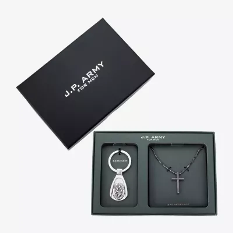 J.P. Army Pendant Necklace & St Christopher Keychain Mens Stainless Steel Cross 2-pc. Jewelry Set