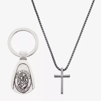 J.P. Army Pendant Necklace & St Christopher Keychain Mens Stainless Steel Cross 2-pc. Jewelry Set