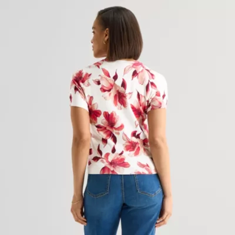 Liz Claiborne Womens Crew Neck Short Sleeve Floral Pullover Sweater