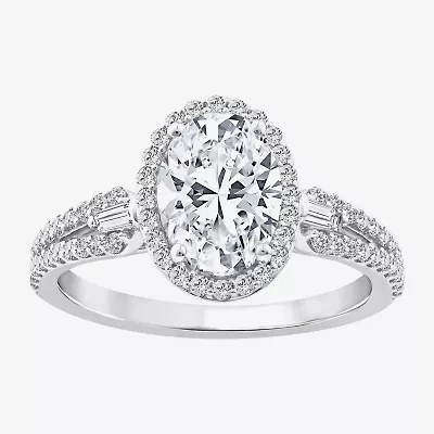 Signature By Modern Bride (F / Vs2) Womens 2 CT. T.W. Lab Grown White Diamond 10K Gold Oval Side Stone Halo Engagement Ring