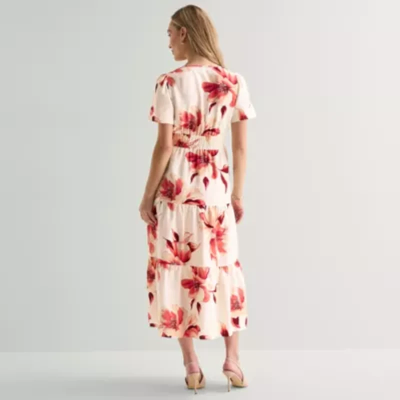 Liz Claiborne Womens Short Sleeve Floral Midi Peasant Dress