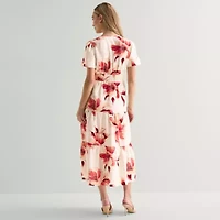Liz Claiborne Womens Short Sleeve Floral Midi Peasant Dress