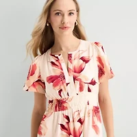Liz Claiborne Womens Short Sleeve Floral Midi Peasant Dress