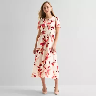 Liz Claiborne Womens Short Sleeve Floral Midi Peasant Dress