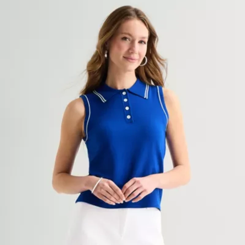 Liz Claiborne Womens Henley Neck Sleeveless Polo Sweater